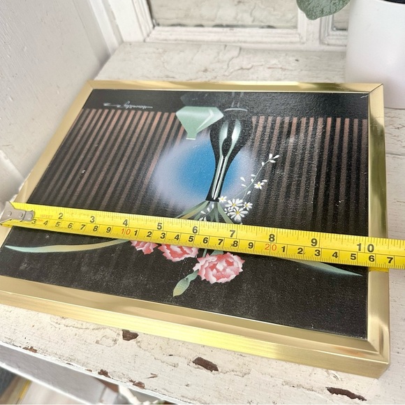 Vintage Airbrush Art Floral Vase Painting Gold Frame Carnation Flower Wall Hang - Picture 8 of 10